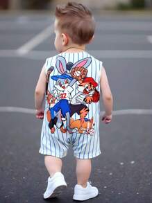 Bubblio 新生儿男童可爱卡通图案条纹短袖夏季连体衣 - 彩色 - 查看 10