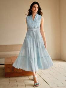 Anewsta 天丝纯色立领口袋喇叭形 A 字型通勤现代连衣裙 - 藍色 - 查看 5