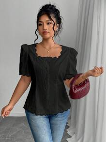 SHEIN Clasi 大码女式夏季方领单排扣短款泡泡袖衬衫 - 黑色 - 查看 4