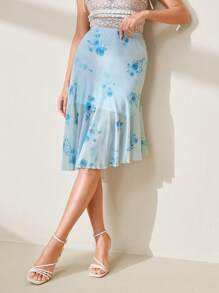 Chiquease Falda asimétrica de línea A con estampado de red casual/para vacaciones - Azul - Ver 1