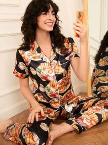 时尚美式汉堡印花缎面翻领女士睡衣套装 - 彩色 - 查看 4