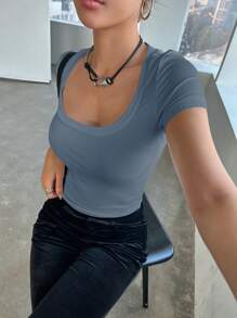DAZY 女款素色圓領落肩袖休閒百搭短袖T恤校園風 - 霧霾藍 - 查看 3