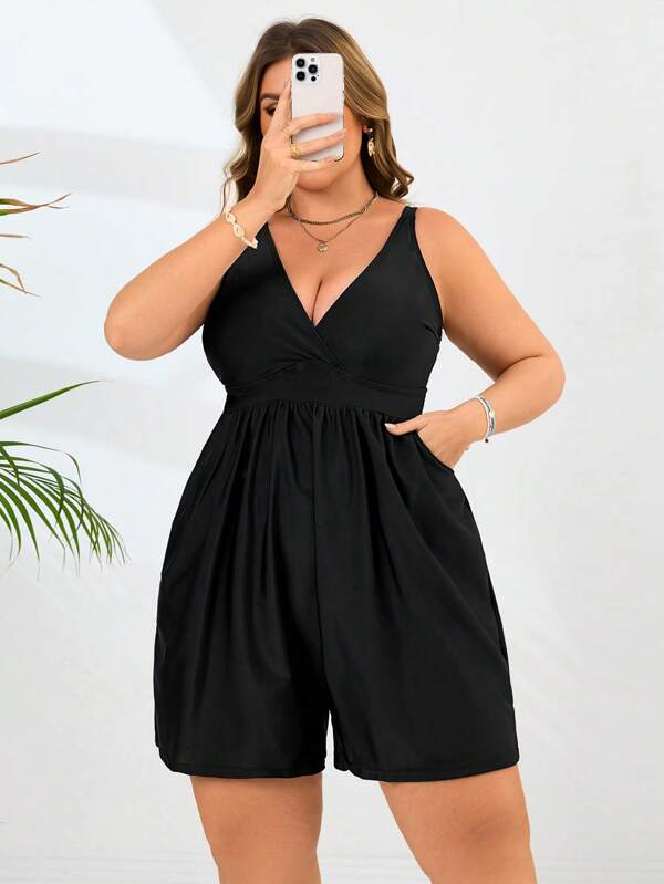 Swim Lushoire Damen Große Größen einteiliger Badeanzug mit Shorts Farben mit Taschen
