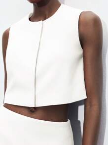 Maija 圆领宽松无袖上衣搭配中腰西装裤套装，现代都市风女装两件套，时尚简约，适合秋冬季穿着。 - 白色 - 查看 6