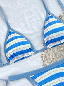 Swim SXY Women Textured Striped Print Tie Front Backless Sexy Bikini Set For Beach Vacation - Blue and White - View 3