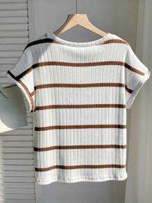Comfortcana 女式休闲撞色条纹蝙蝠袖T恤，夏季 - 咖啡棕 - 查看 2
