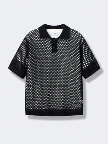 SHEIN 青少年男孩休闲纯色纹理 Polo 领短袖针织衬衫，百搭舒适，适合通勤、上学、日常生活、度假、运动、春夏季 - 黑色 - 查看 4