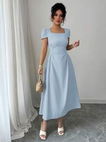 Elenzga 女装法式优雅通勤休闲度假下午茶纯色方领收腰修身休闲泡泡袖中长连衣裙，春夏 - 藍色 - 查看 6