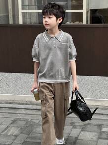 DAZY Kemeja Polo Lengan Pendek Bergaris Gaya Korea Kasual untuk Anak Laki-Laki Remaja, Cocok untuk Musim Panas, Pakaian Kembali ke Sekolah - Dark Grey - View 5