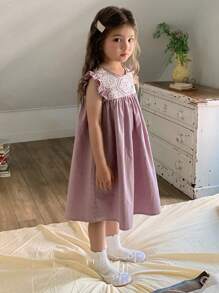 DAZY Young Girls Round Neck Heavy Embroidery Sleeveless Ruffled Loose Party Birthday Formal Dress,Girls Summer Outfits - Mauve Purple - View 1