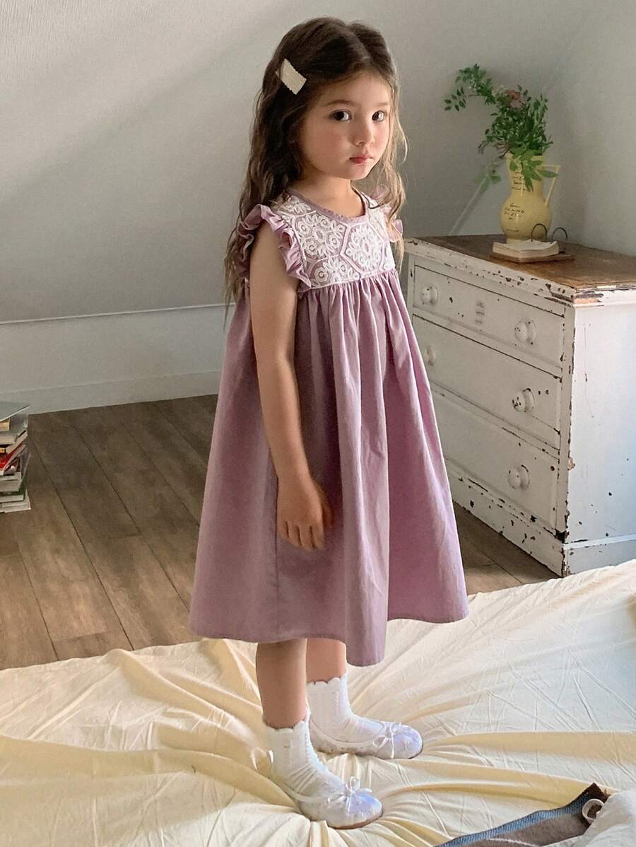 DAZY Young Girls Round Neck Heavy Embroidery Sleeveless Ruffled Loose Party Birthday Formal Dress,Girls Summer Outfits - Mauve Purple - View 1