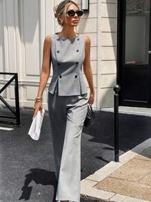 Siren Gaze 女士优雅两件套无袖圆领双排扣上衣和加长梭织面料裤子（浅灰色） - 灰色 - 查看 1
