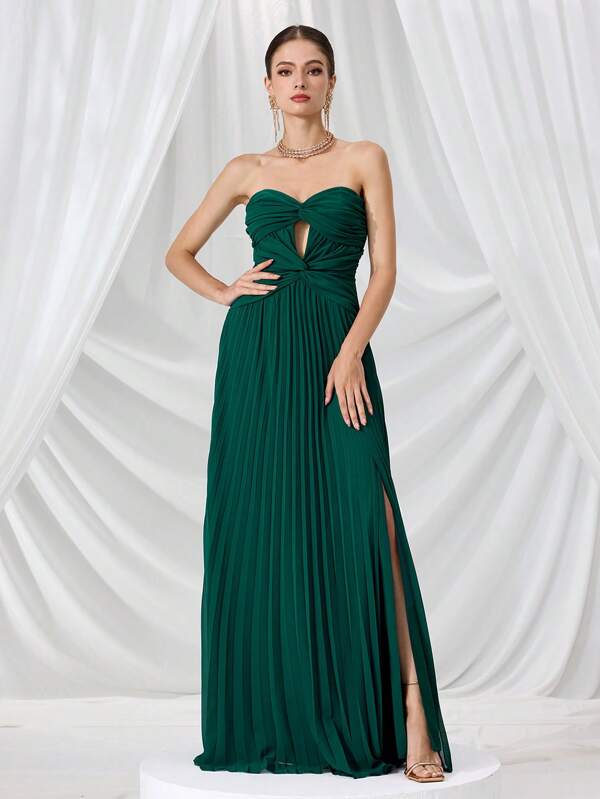 Coutiva Vestido maxi de fiesta de mujer de unicolor con abertura alta, pliegues en el bajo y sin tirantes (estilo bordado) - Vestidos de mujer, Atuendo de cumpleaños de mujer, Vestido casual de mujer, Vestido de verano de fiesta de mujer