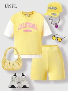 SHEIN Set de 2 piezas Top de punto con estampado gráfico de letras y pantalones cortos, conjunto informal y cómodo, adecuado para jugar al aire libre, verano - Multicolor - Ver 3