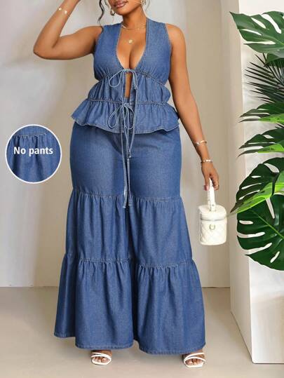 Slaydiva 大码牛仔上衣，休闲合身无袖蓝色上衣夏季女士夏季上衣抹胸外出上衣乡村音乐会波西米亚风可爱夏季上衣狂欢乡村音乐节欧洲夏季外出