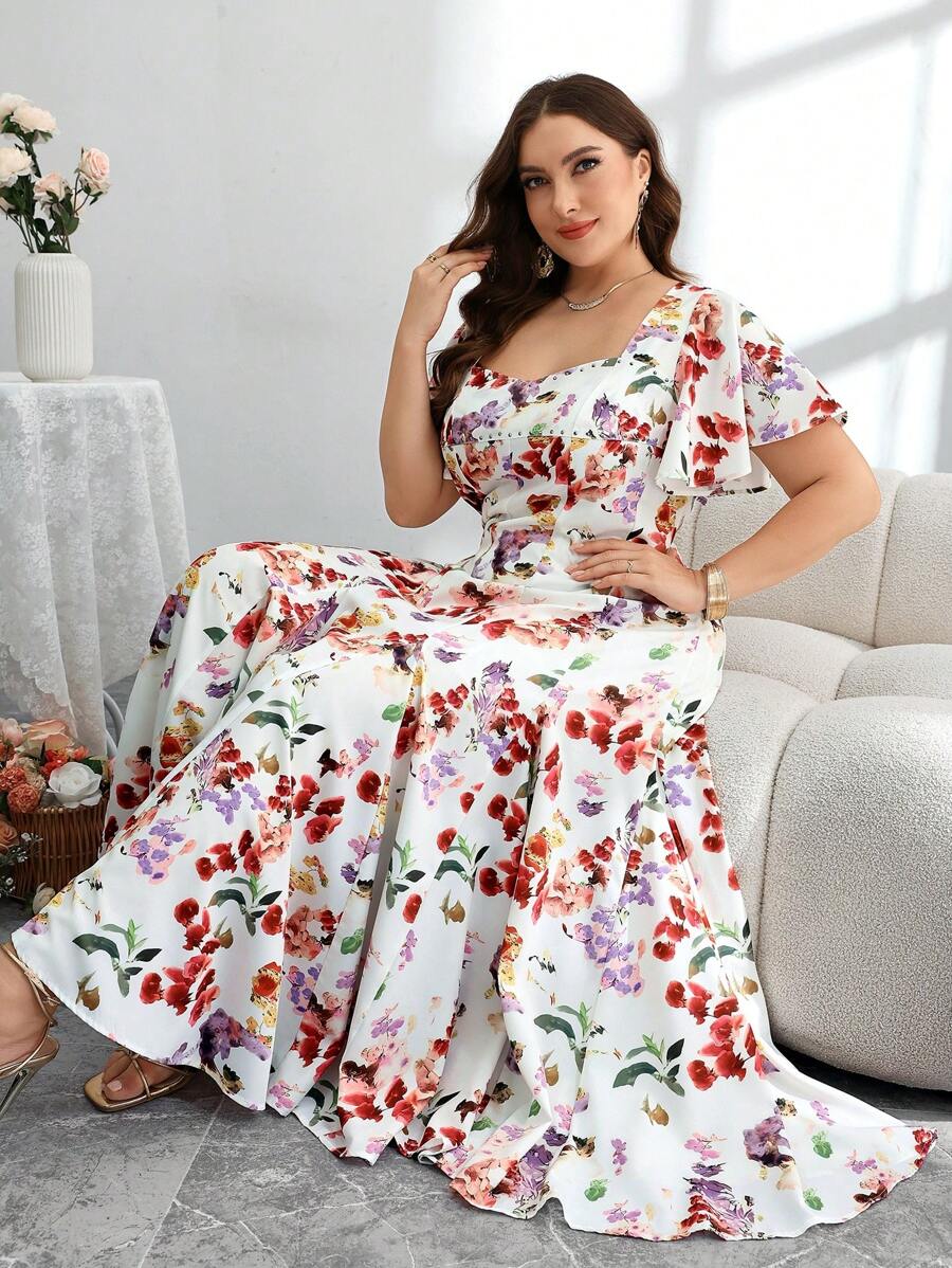Modelyn Plus Size Long Spring/Summer Rhinestone Ruffle Hem Romantic Floral Print A-Line Elegant Maxi Dress - Multicolor - View 1