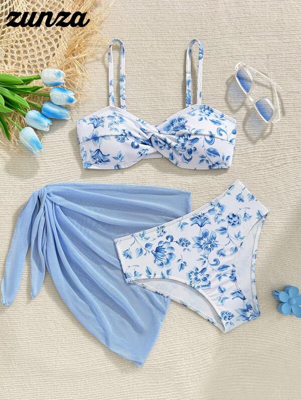 Wildeya 3pcs Teens Girls Floral Print Twist Bikini Swimsuit Set With Beach Skirt