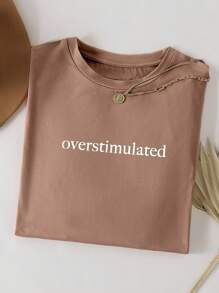 INAWLY Plus Size Casual Round Neck Short Sleeve Letter Print T-Shirt - Khaki - View 1