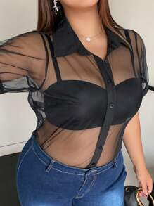 Dazy Plus 透明网眼带领短袖黑色夏季衬衫 - 黑色 - 查看 7