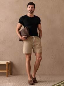 Manfinity VCAY Men Slant Pocket Drawstring Waist Solid Shorts Baggy Sweat Daddy Khaki Going Out Basic Husband - Khaki - View 2