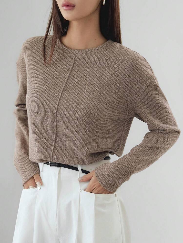 Women's Loose Business Casual Color Block Long Sleeve T-Shirt, Suitable For Office Wear In Autumn & Winter