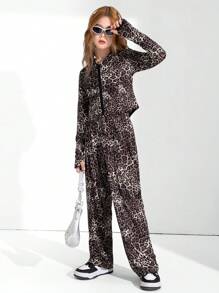 女童豹纹修身连帽开衫外套和阔腿裤两件套西装套装，春秋季时尚休闲街头服饰 - 彩色 - 查看 3