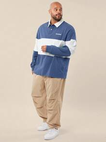 EASEVO 大码男式休闲针织拼接宽松落肩长袖 Polo 衫 - 藍色 - 查看 4