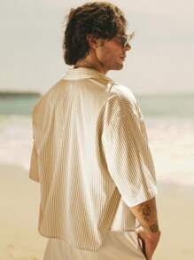 HIMLAND 男士修身条纹短袖休闲梭织衬衫 - 黃色 - 查看 2