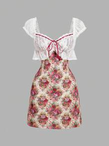 SHEIN MOD Women's Vintage Pink Rose Floral Lace Dress, Tea Party Dress,1960s Dress,Grad Dress,Graduation Outfit,European Summer,Hawaii Women Outfits,Concert Outfit,Casual Women Outfits, Woman Easter Dress,Summer Dresses For Women - Multicolor - View 1