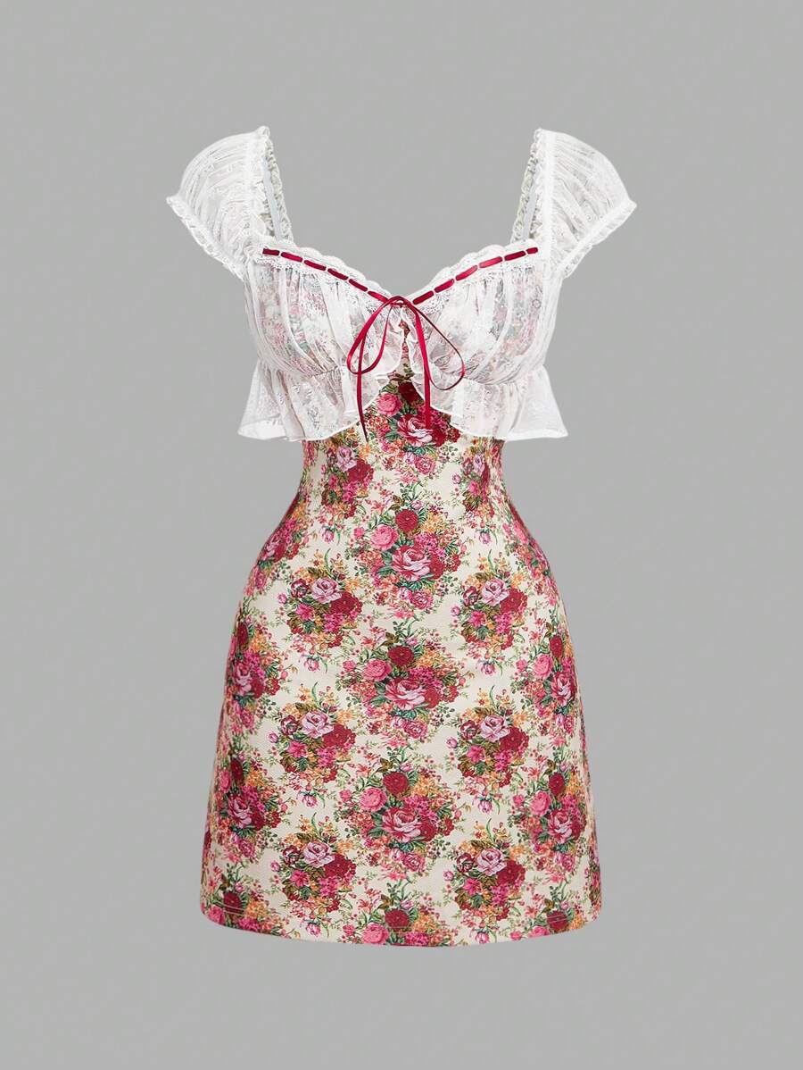 SHEIN MOD Women's Vintage Pink Rose Floral Lace Dress, Tea Party Dress,1960s Dress,Grad Dress,Graduation Outfit,European Summer,Hawaii Women Outfits,Concert Outfit,Casual Women Outfits, Woman Easter Dress,Summer Dresses For Women - Multicolor - View 1