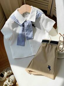 SHEIN 4 件套（含腰带），可爱男婴夏季休闲都市校园白衬衫、松紧腰短裤、条纹披肩，适合生日派对、晚会、表演、婚礼、迎婴派对、1 岁生日庆祝