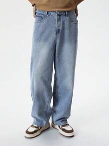 Chillumni Men's Casual Washed Straight Leg Denim Jeans - Blue - View 4