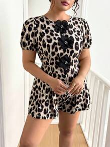 Elenzga Große Größen Sommer Blumen Dekor Leopard Muster Kurzarm Jumpsuit