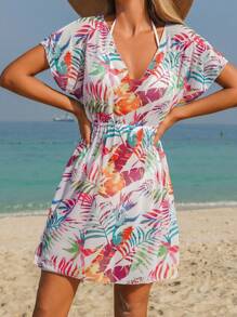 Swim Lushoire Rochie de plajă cu mânecă scurtă, casual, cu imprimeu de plante tropicale, decolteu în V
