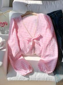Comfortcana Camisa de mujer de manga farol con cordón, estilo casual/oficina a cuadros