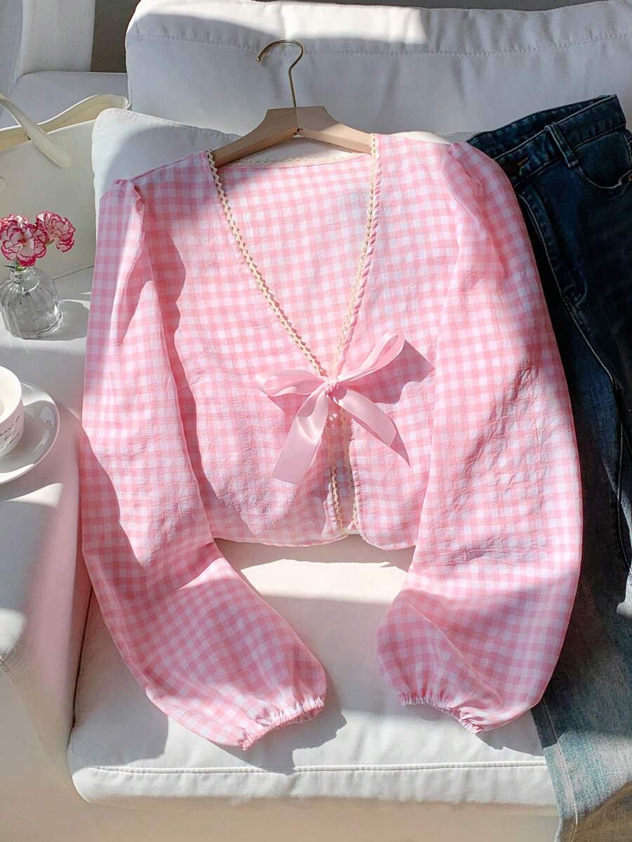 Comfortcana Camisa de mujer de manga farol con cordón, estilo casual/oficina a cuadros