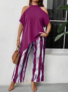 EMERY ROSE Plus Size Women Open Shoulder Asymmetric Hem Top And Striped Pants Casual Suit - Hot Pink - View 1