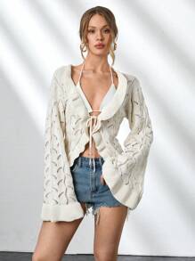 RueChic Women Solid Color Hollow Out Ruffle Detailed Front Tie Cardigan - White - View 6
