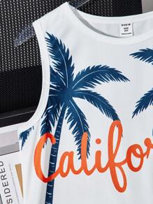 SHEIN 1pc Tween Boy Sleeveless Crew Neck Top, Vacation Theme Palm Tree & Wave Pattern, Casual Summer Top - White - View 5