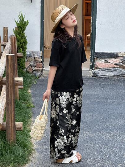 DAZY Tween Girls Summer Casual Solid Color Short Sleeve T-Shirt & Floral Print Pants Set