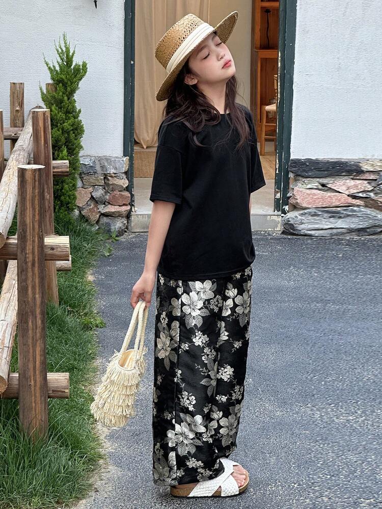 Tween Girls Summer Casual Solid Color Short Sleeve T-Shirt & Floral Print Pants Set