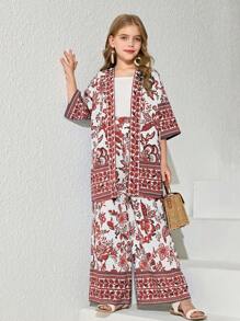 SHEIN Tween 女童休闲复古印花半袖开衫和直筒裤套装 - 紅色 - 查看 3