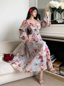 Modelyn Women's Floral Print Sweetheart Neck Lantern Sleeve Elegant Maxi Dress - Multicolor - View 5