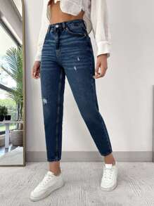 EURMUSE Women's Distressed Cat Whisker Design Tapered Jeans - Medium Wash - View 5