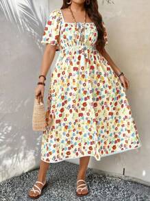 Breezaya Plus Size Women Square Neck Floral Print Maxi Dress, Casual Summer Dress For Vacation, Outdoor, Picnic, Party, Puff Sleeve