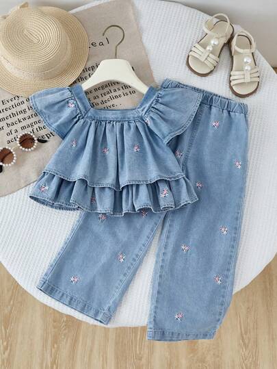 Toddler Girls Ditsy Floral Loose Fit Smocked Top With Ruffle & Wide Leg Casual Denim Pants, Fashion Set, Toddler Girl Clothes Summer Denim Set. Summer Holiday