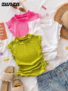 3pcs/Pack Tween Girl Casual Elegant Basic Camisole Multi-Pack, Knitted Vest With Ruffle, Bow Decor In Pink, Green, White, Suitable For Outing, Vacation, Casual Wear, Spring/Summer Ribbed Summer Tops Summer Tops For Girls, School, Campus, College - Multicolor - View 7
