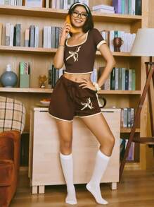 Casual Bow Print Lounge Set, Suitable For Outerwear Holiday Season - Coffee Brown - View 3