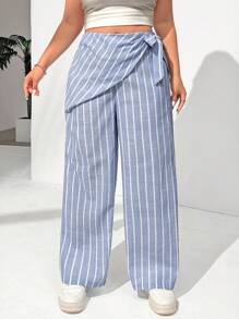 SHEIN EZwear 夏季大码女式条纹抽绳腰休闲阔腿裤 - 藍白色 - 查看 3