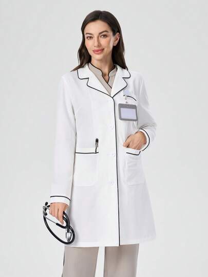 TaskEZ Collarless Contrast Color Adjustable Waist 3-Pocket Lab Coat For Women, Long Sleeve